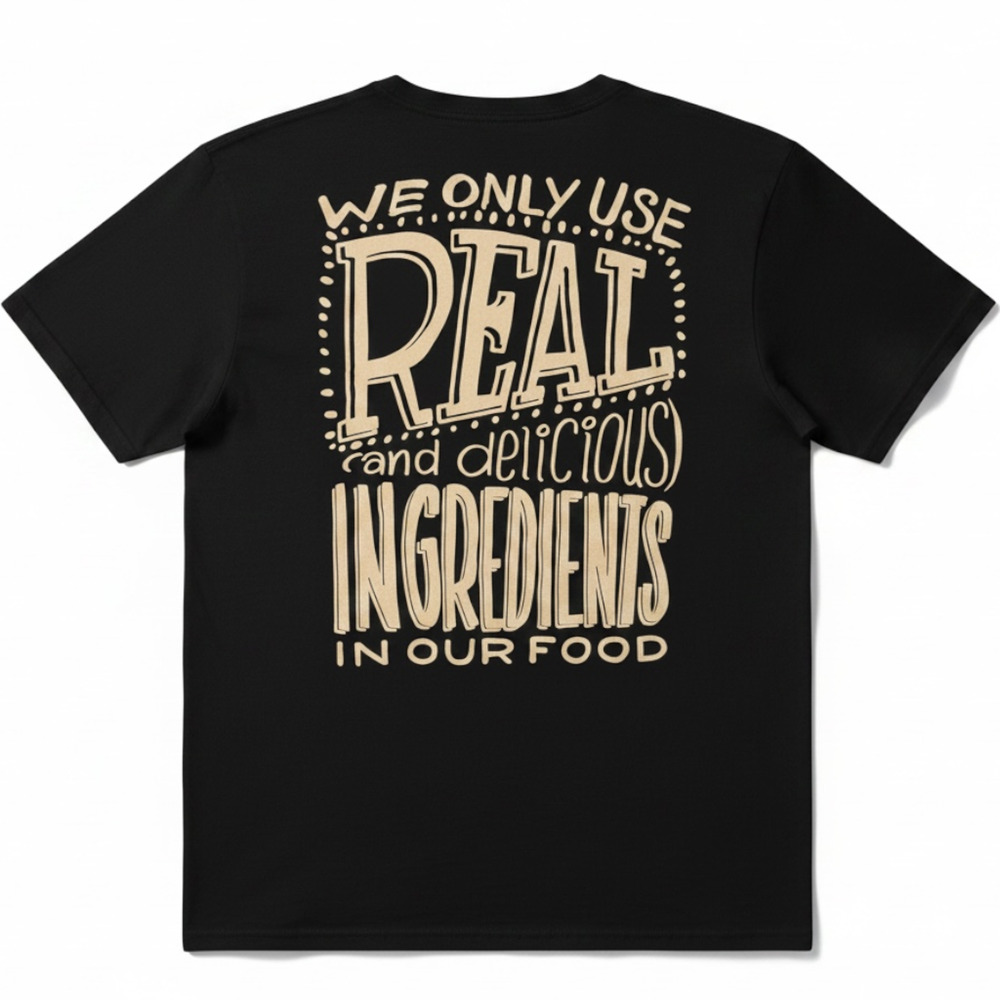 Chipotle We Only Use Real Ingredients Unisex Large Employee Black & Tan T-Shirt